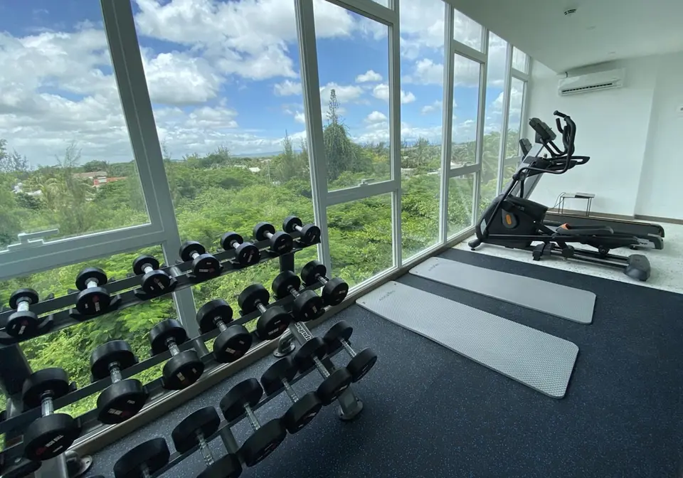 Fitnessrum med håndvægte, træningsmåtter og store vinduer på Ocean V Hotel