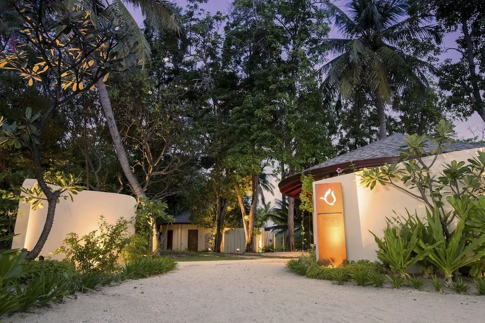 Indgangen til spaområdet mellem palmer og beplantning på Centara Ras Fushi