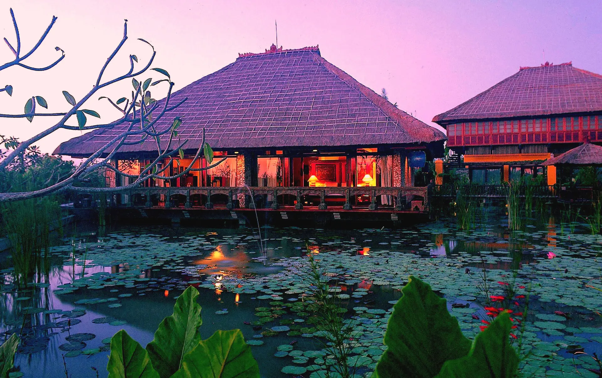 Belyste bygninger ved en dam med åkander på Hotel Tugu Bali