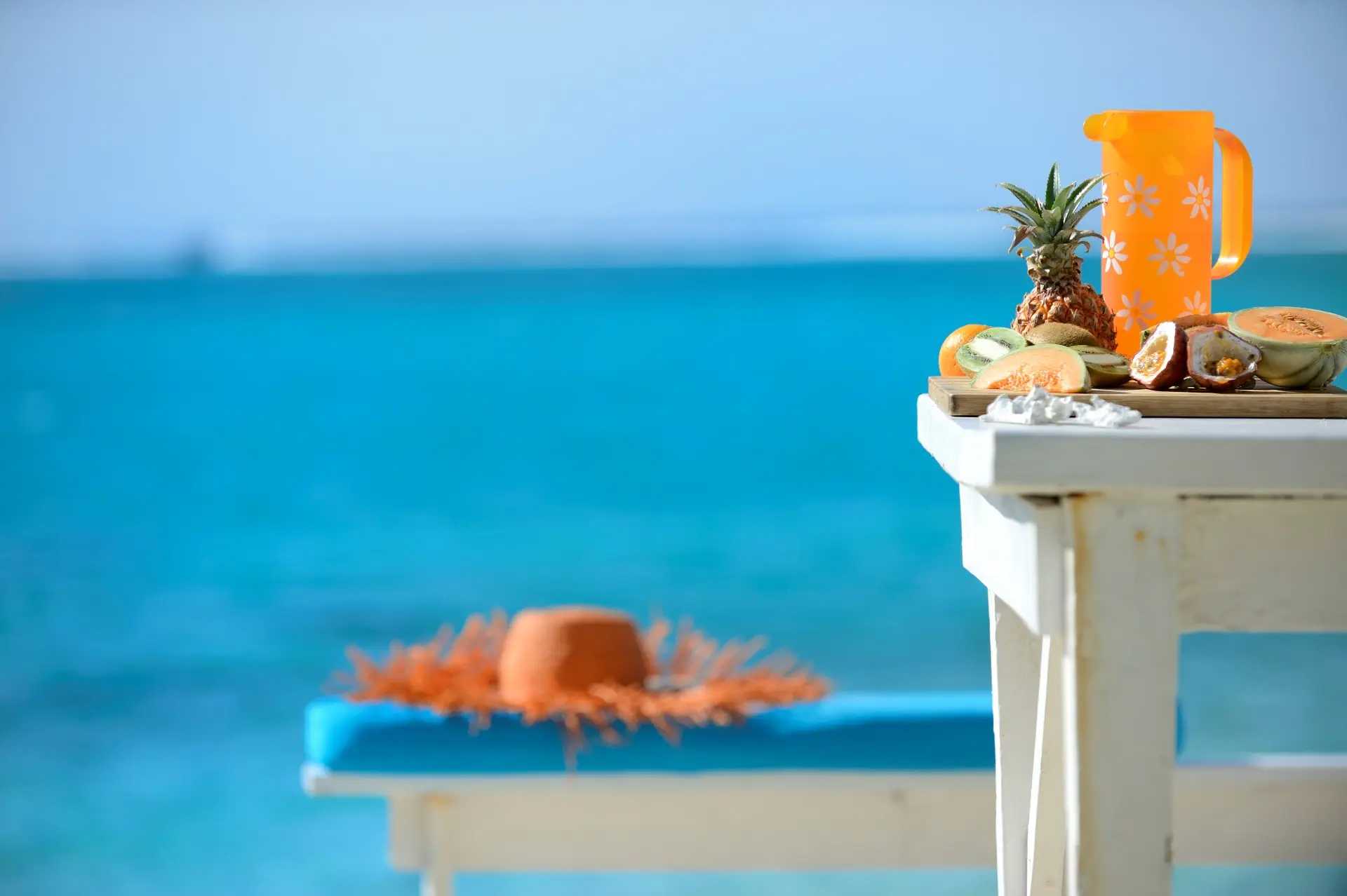 Bord med frugt med udsigt til vandet paa mauritius