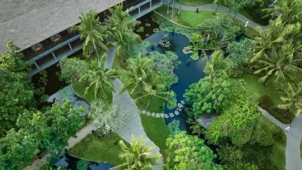 Havedam, trædesten og palmer mellem bygningerne på Hyatt Regency Bali