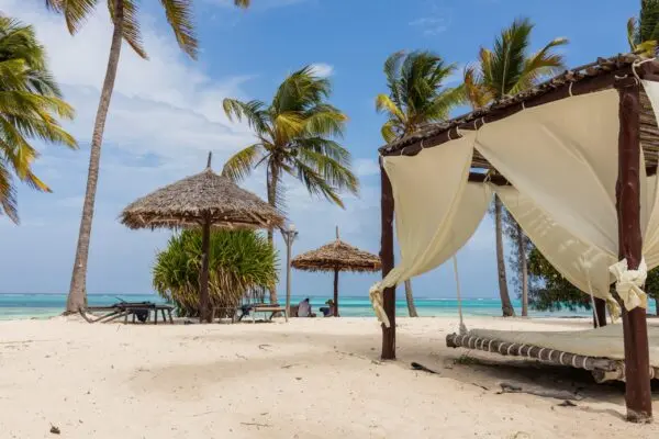 Strand med palmer, stråparasoller og overdækket solseng på Karafuu Beach Resort & Spa