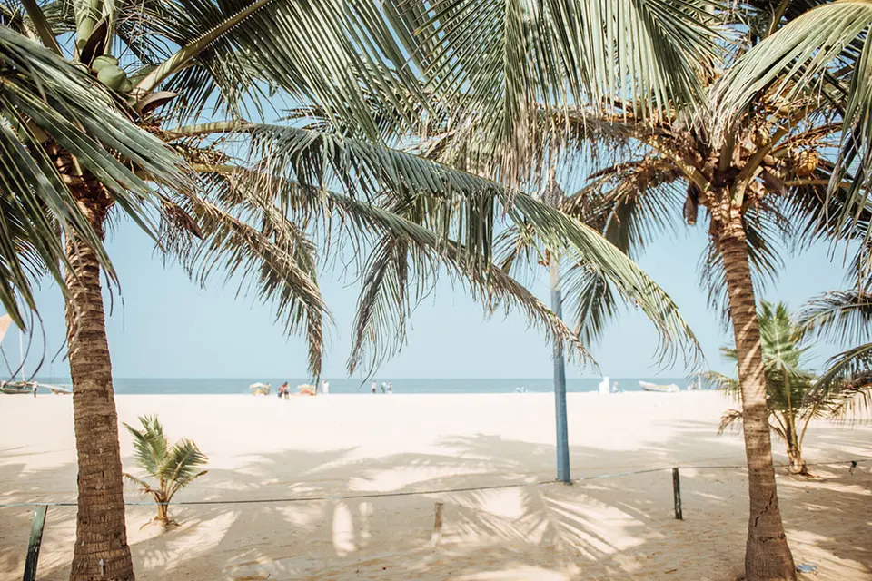 Palmer og sandstrand foran Goldi Sands Hotel i Negombo