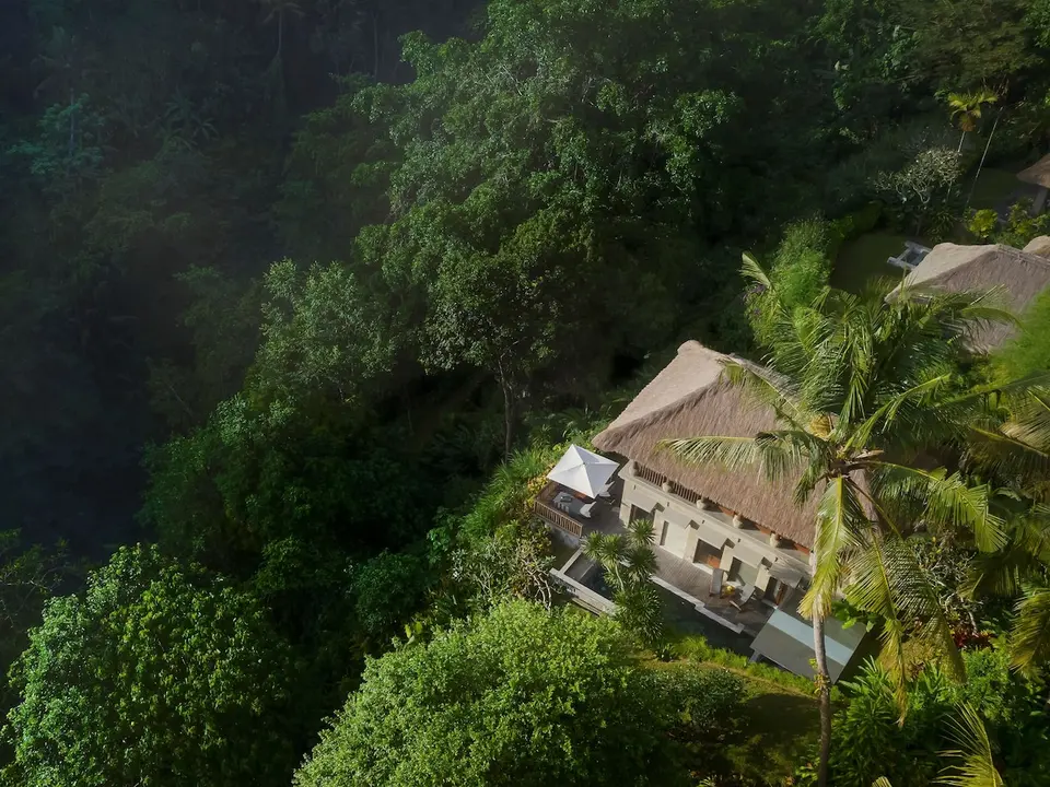 Hotelbygning ved en tæt bevokset floddal på Maya Ubud Resort & Spa