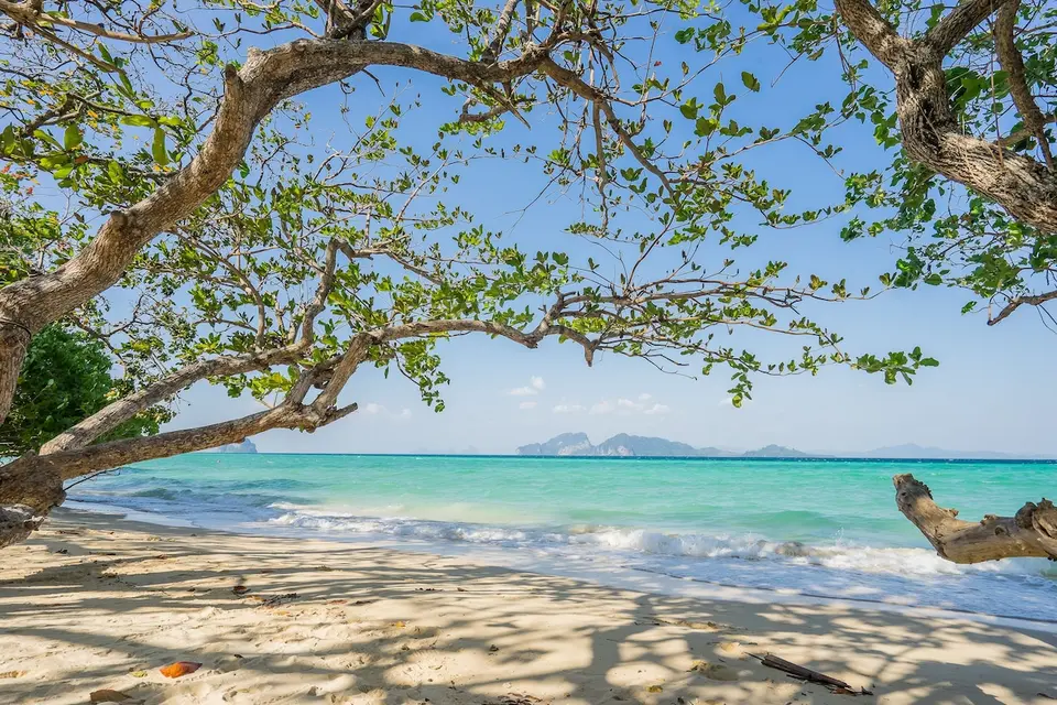 The Sevenseas Resort Koh Kradan: Sandstrand under træernes grene med turkisblåt hav og øer i det fjerne.
