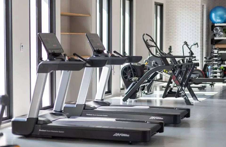 Løbebånd og motionscykler ved store vinduer i fitnessrummet.