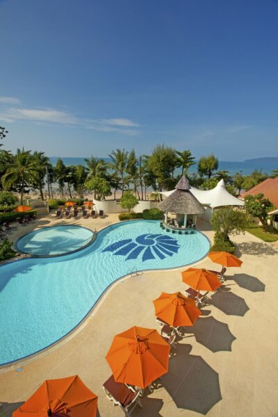 Overhead udsigt over swimmingpoolen på Aonang Villa Resort