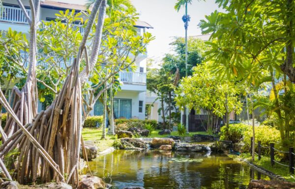 Rolig dam omgivet af grønne områder på Aonang Villa Resort