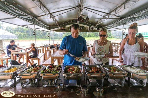 Gruppe af personer ved et buffetbord i Elephant Hills