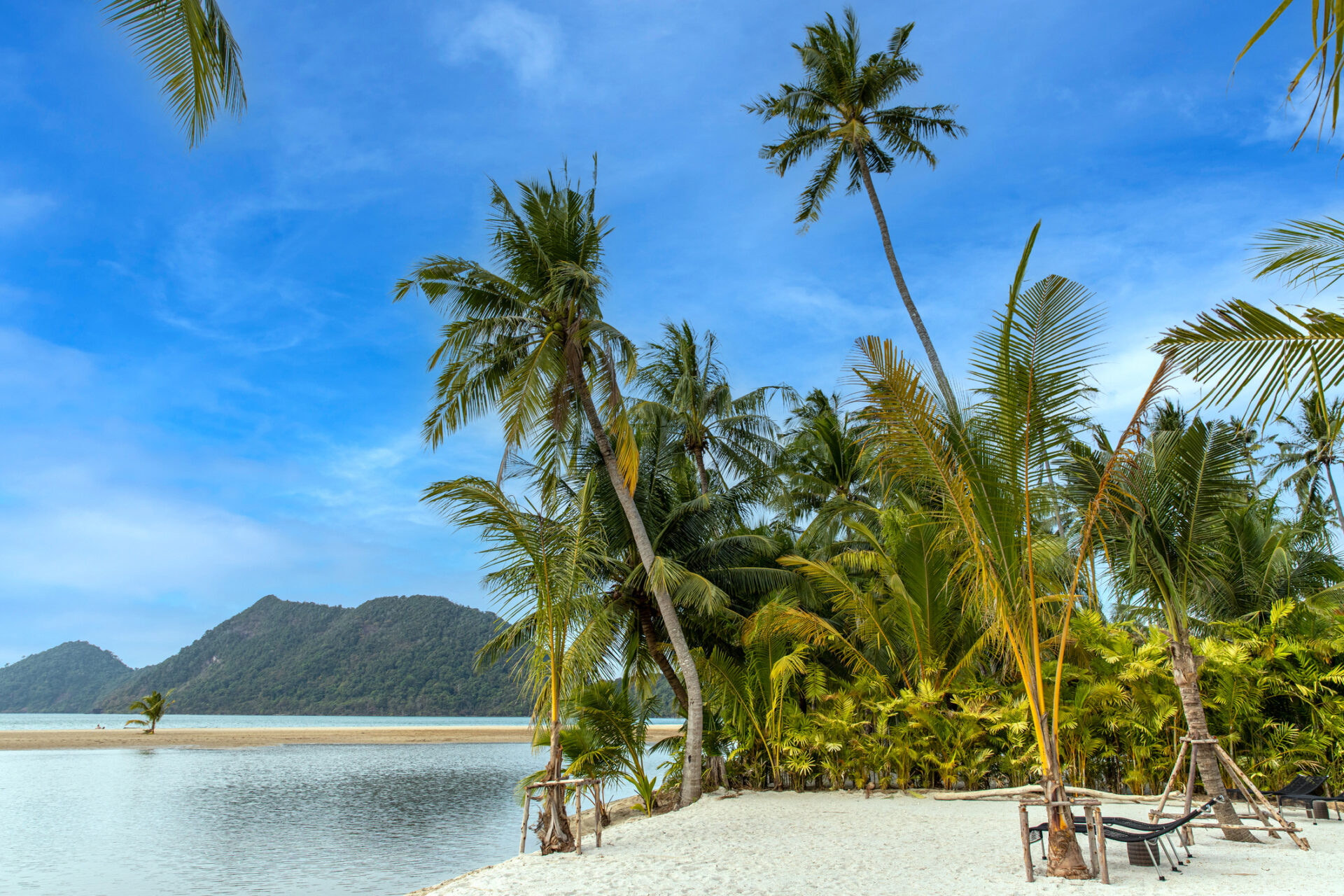 Koh Chang strandbillede, tropisk ø i Thailand med palmer, klar blå himmel og uberørt sandstrand.